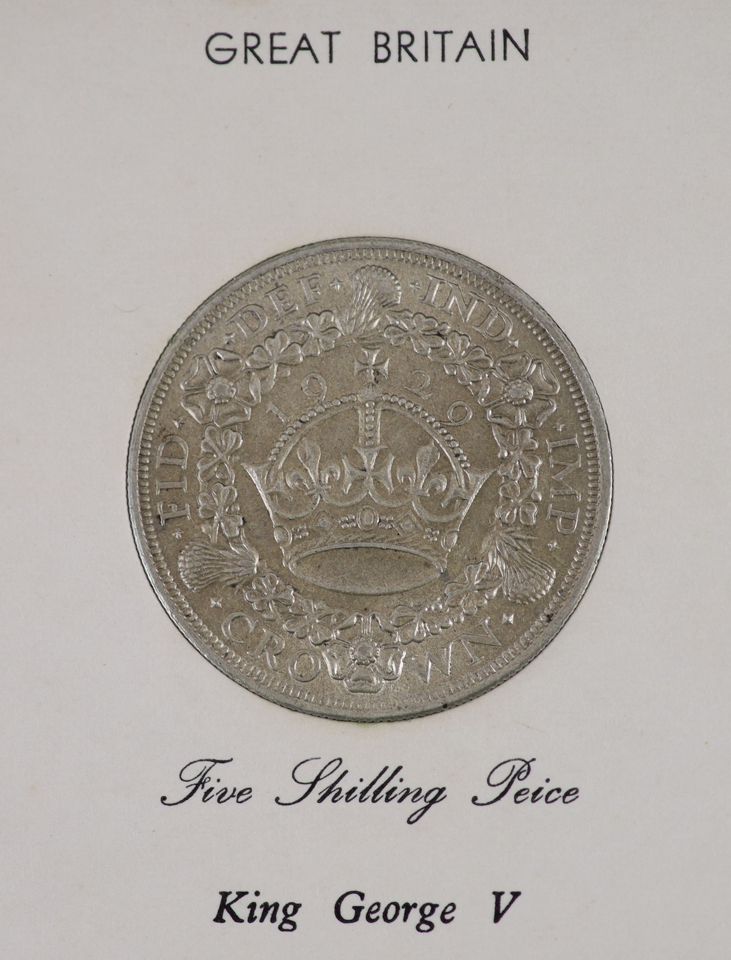 A George V specimen set of eight coins, 1929, fourth coinage, comprising Crown, (S4036), cleaned otherwise about EF, halfcrown to threepence, cleaned otherwise about EF, penny to farthing, toned and lustrous UNC